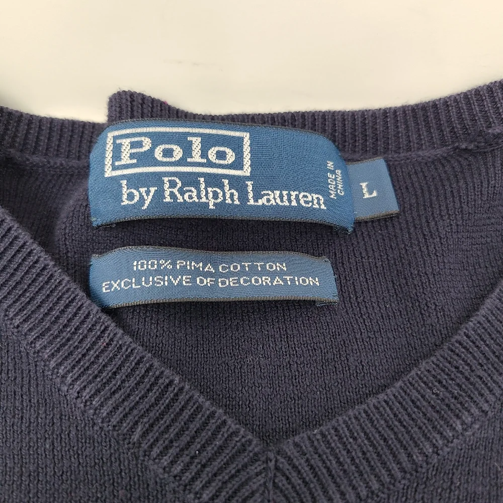 Polo Ralph Lauren V Neck Sweater Pima Cotton Blue Red Pony Pullover size Large